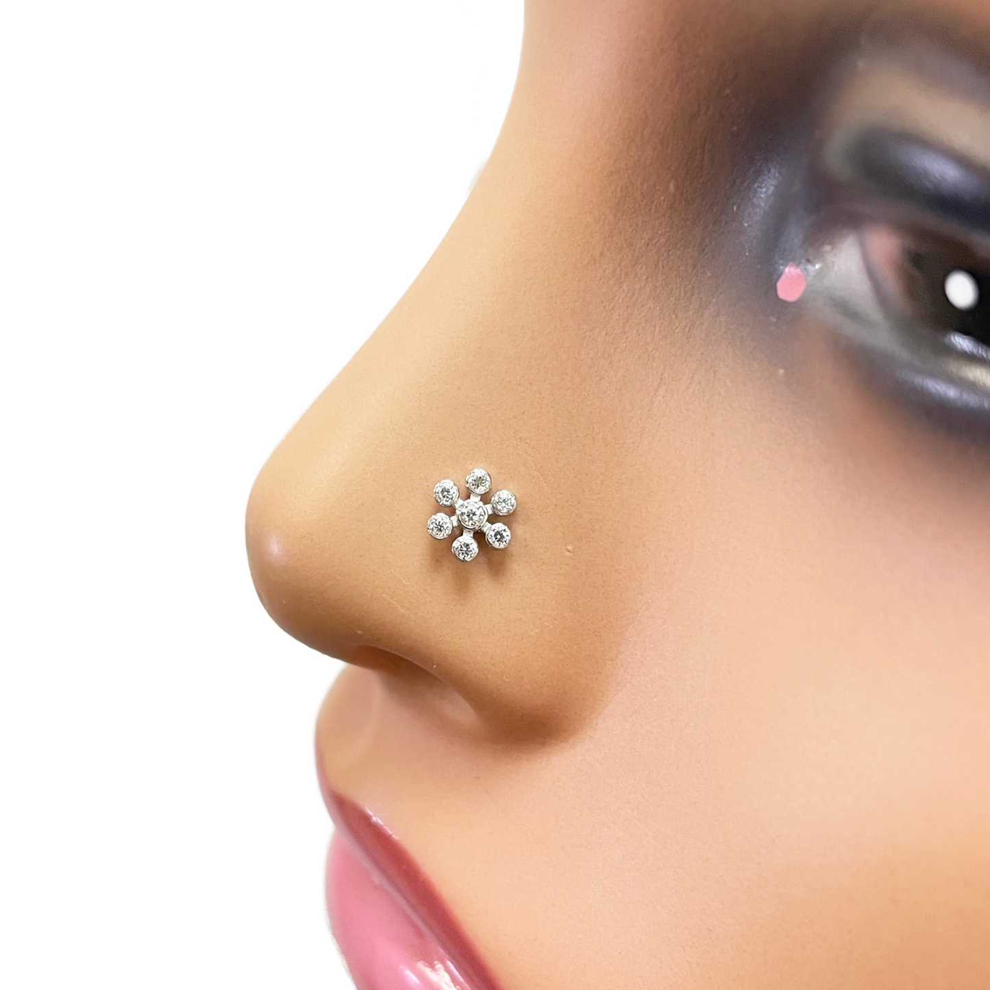 18ct White Gold Six Petal Flower Cubic Zirconia Bezel Nose Stud/Pin 5.4mm Length