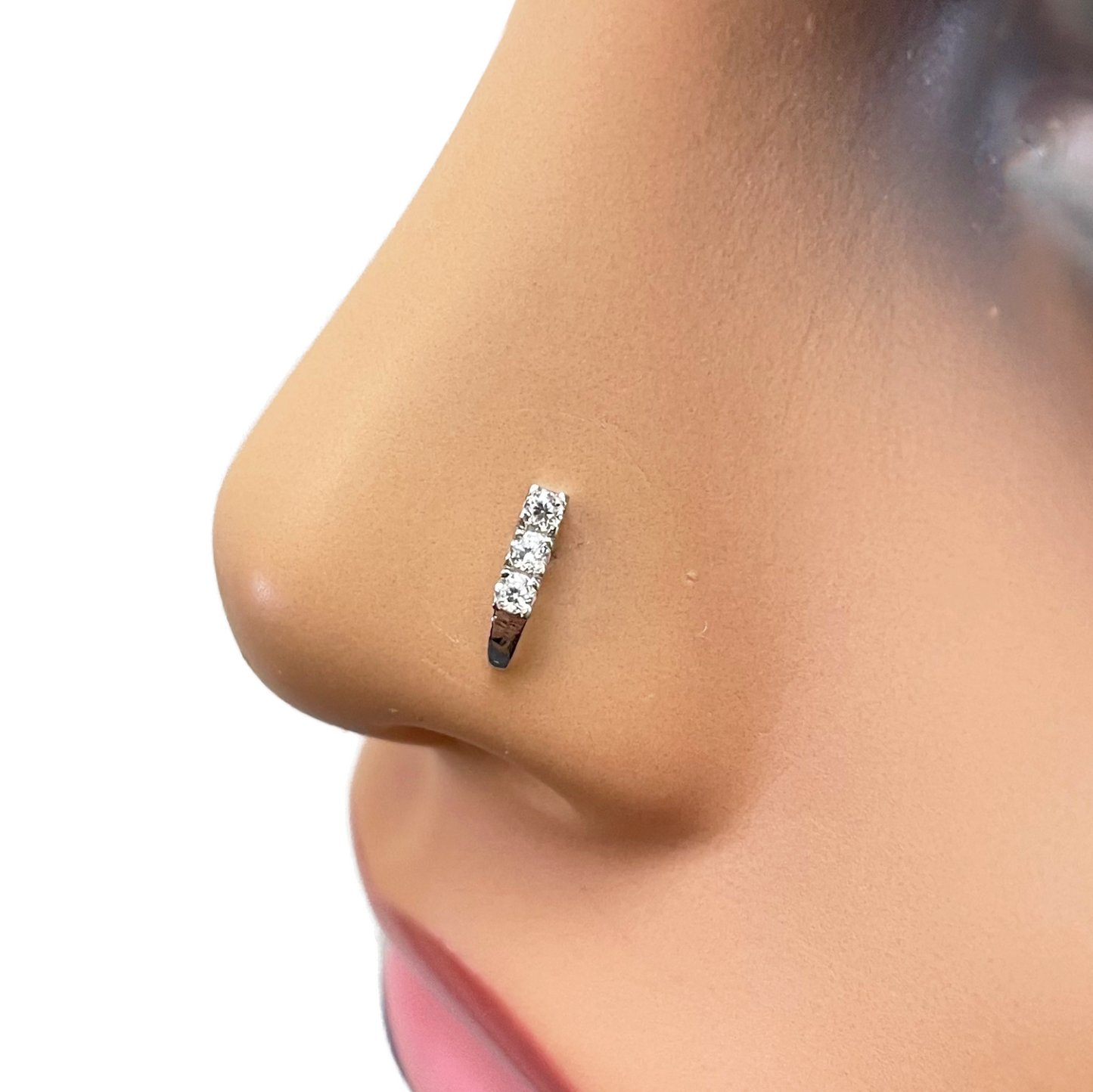 18ct White Gold High Polished 3 Stone Cubic Zirconia Nose Stud/Pin 8mm Length
