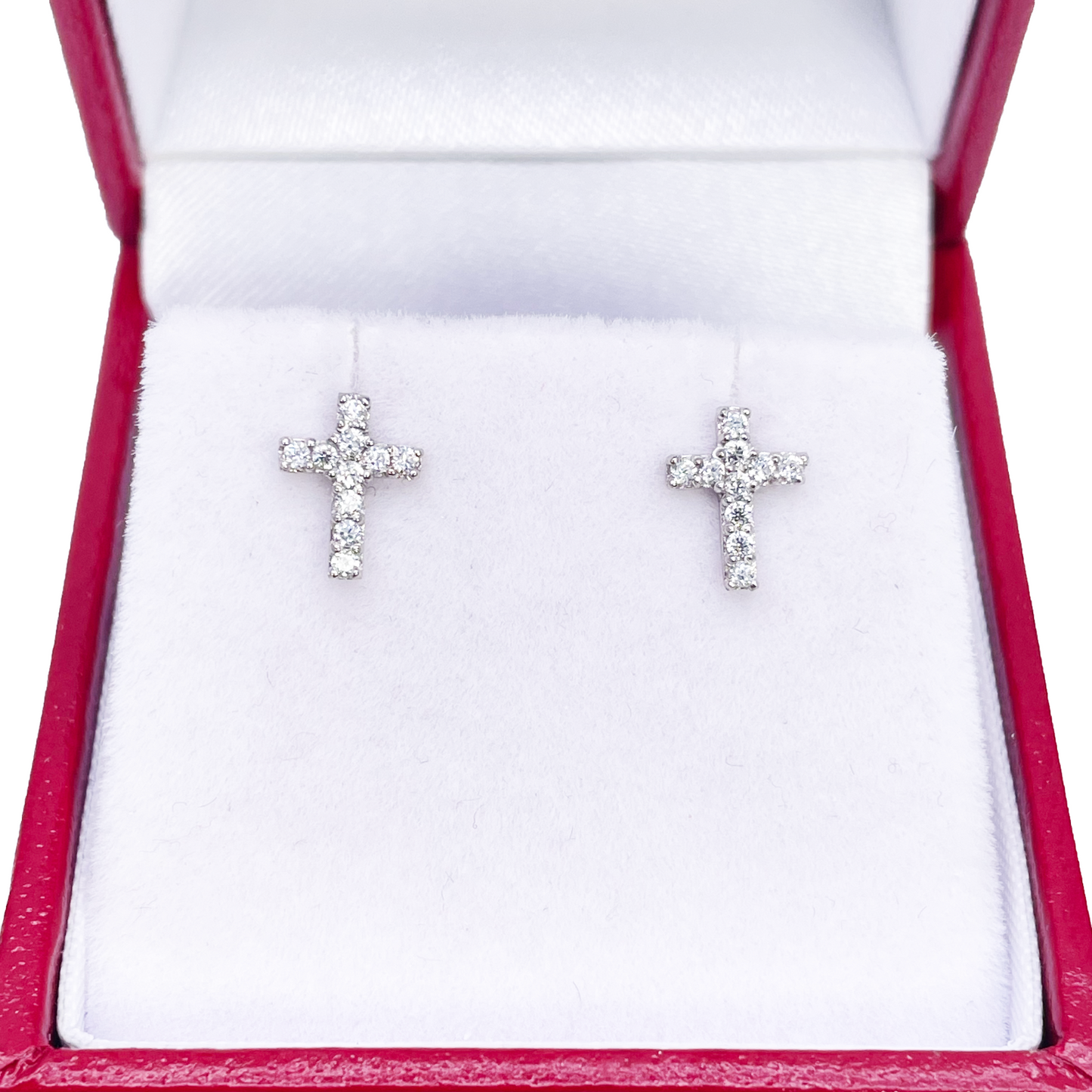18ct White Gold Cubic Zirconia Tiny Cross Children's Earrings 8mm Length