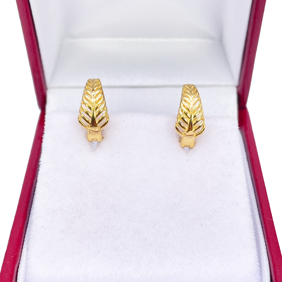 18ct Yellow Gold Pair Of High Polished Leaf Hoop Huggie Earrings 9.3mm Diameter