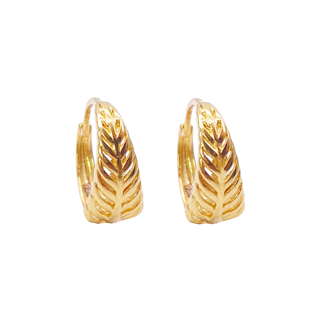 18ct Yellow Gold Pair Of High Polished Leaf Hoop Huggie Earrings 9.3mm Diameter