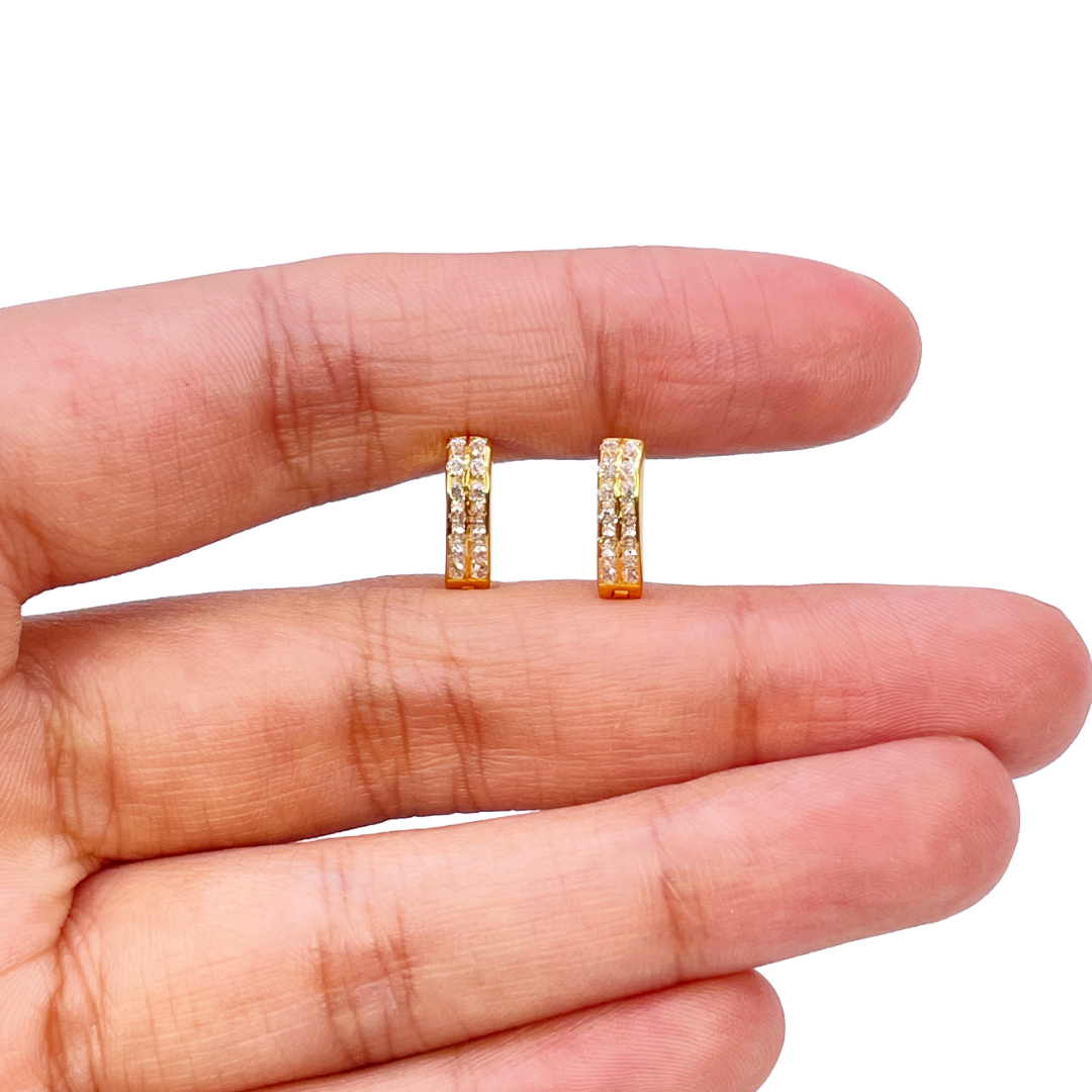 18ct Yellow Gold Pair Of Two Row Cubic Zirconia Hoop Huggie Earrings 6.5mm Diameter