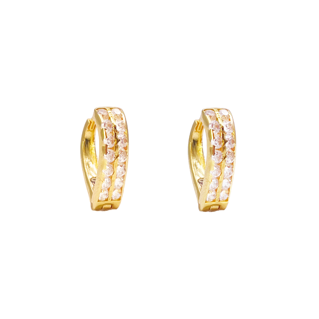 18ct Yellow Gold Pair Of Two Row Cubic Zirconia Hoop Huggie Earrings 6.5mm Diameter