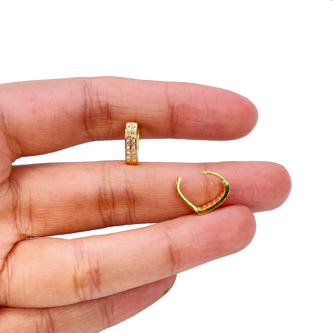 18ct Yellow Gold Pair Of Two Row Cubic Zirconia Hoop Huggie Earrings 6.5mm Diameter