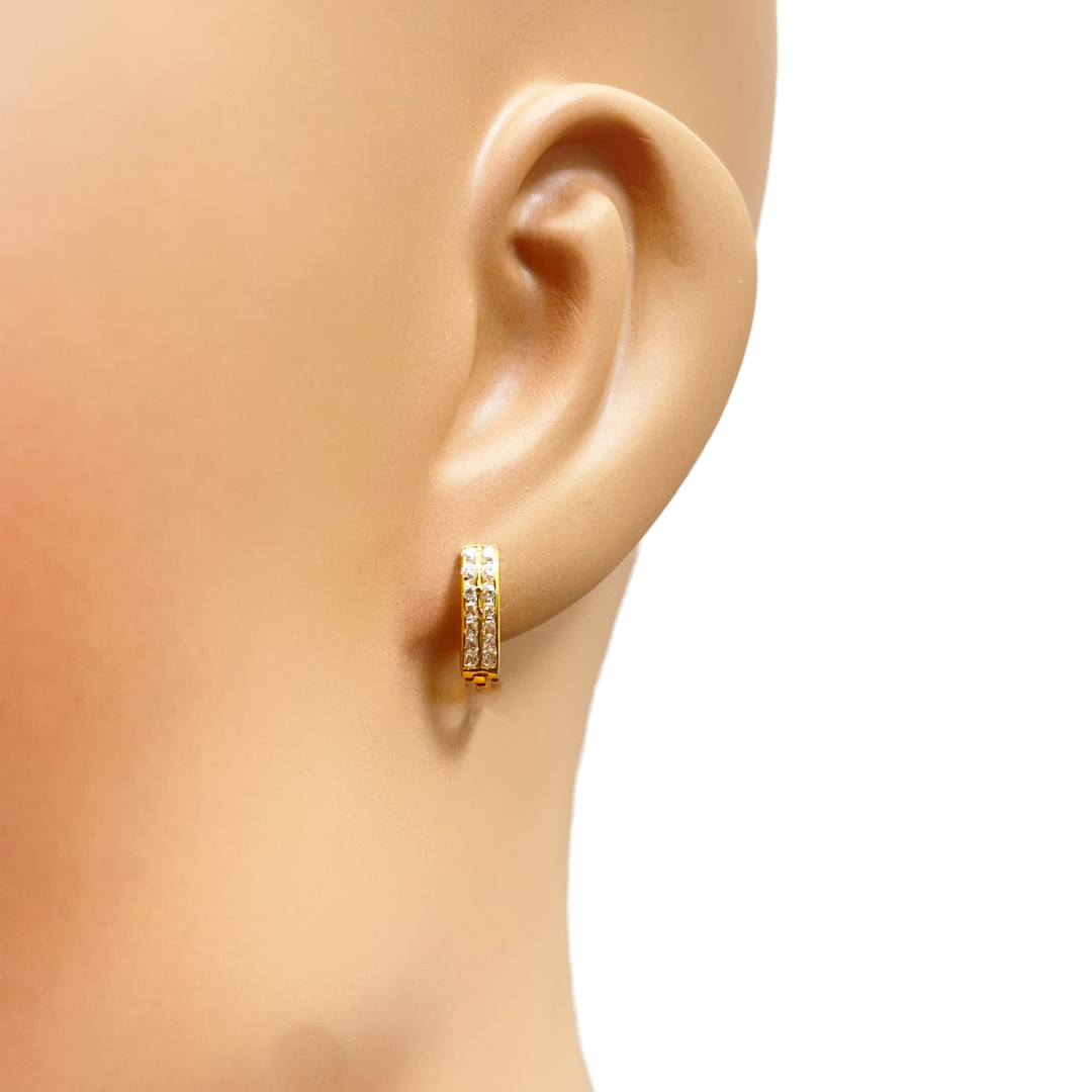 18ct Yellow Gold Pair Of Two Row Cubic Zirconia Hoop Huggie Earrings 6.5mm Diameter