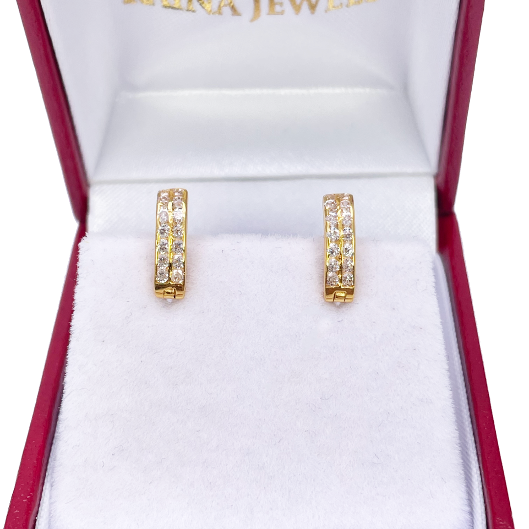 18ct Yellow Gold Pair Of Two Row Cubic Zirconia Hoop Huggie Earrings 6.5mm Diameter