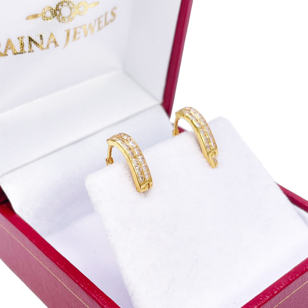 18ct Yellow Gold Pair Of Two Row Cubic Zirconia Hoop Huggie Earrings 6.5mm Diameter