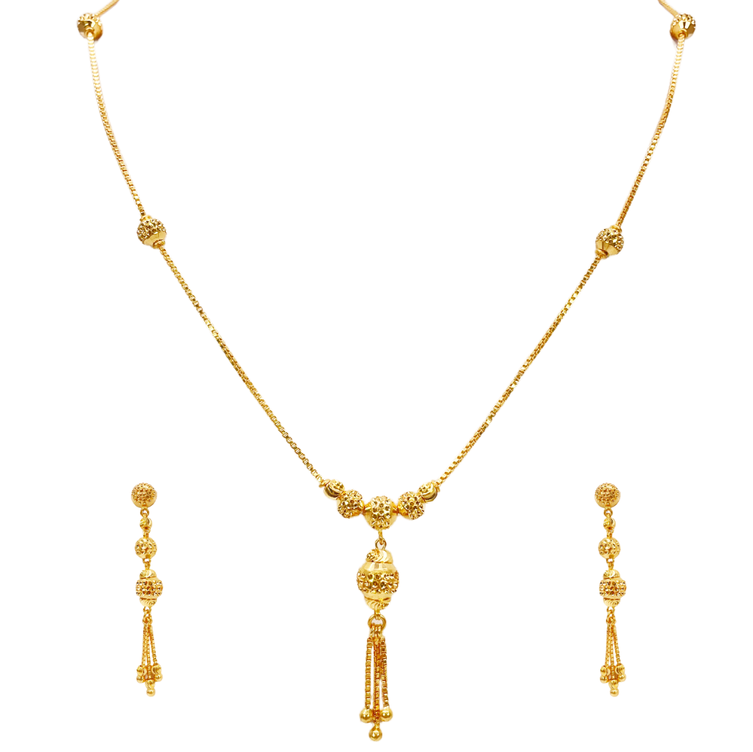 22ct Yellow Gold Diamond Cut Beaded Elegant Tassel Necklace & Drop Earrings Set