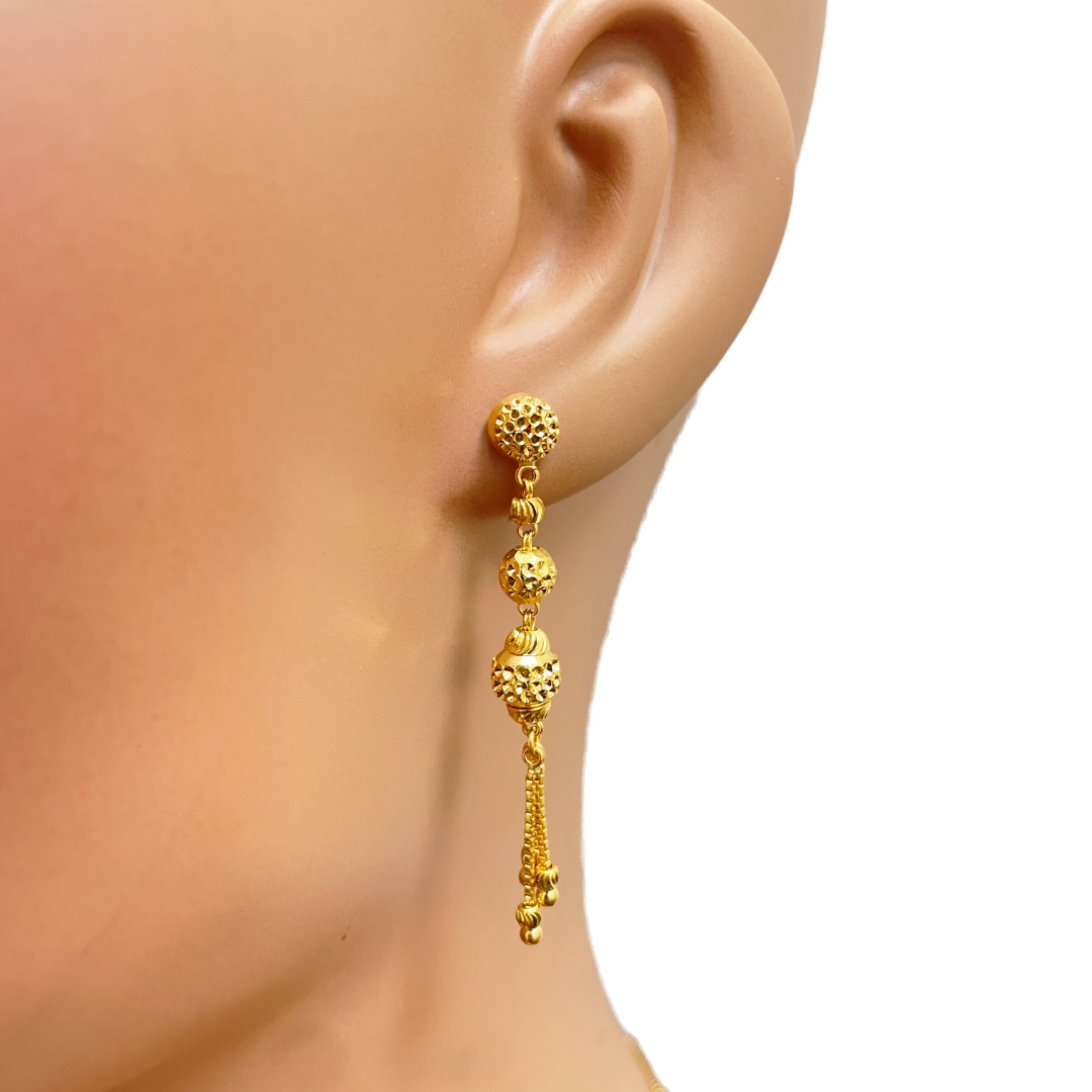 22ct Yellow Gold Diamond Cut Beaded Elegant Tassel Necklace & Drop Earrings Set