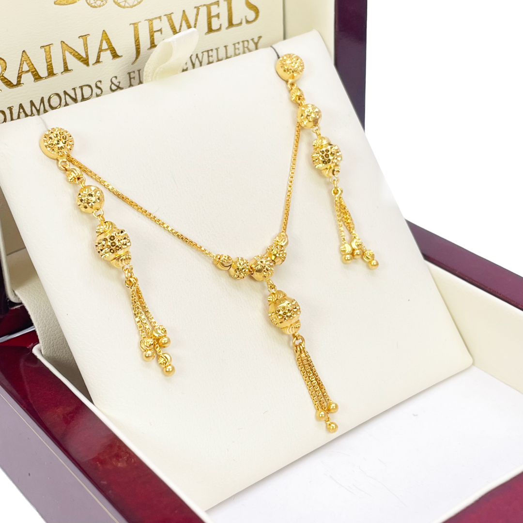 22ct Yellow Gold Diamond Cut Beaded Elegant Tassel Necklace & Drop Earrings Set