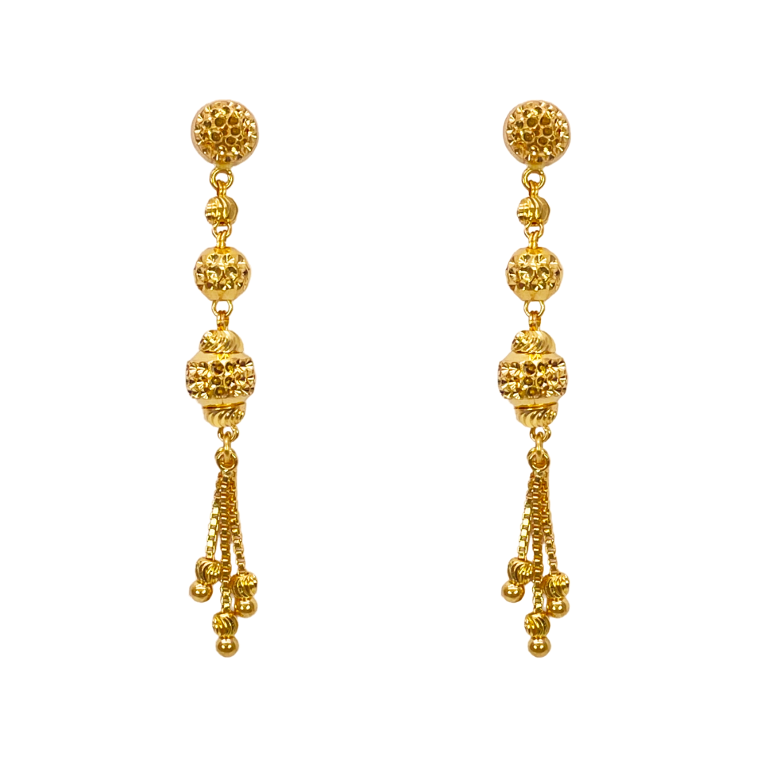 22ct Yellow Gold Diamond Cut Beaded Elegant Tassel Necklace & Drop Earrings Set