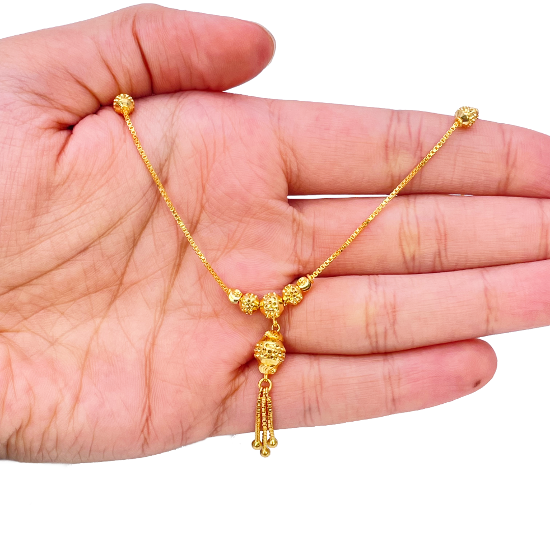 22ct Yellow Gold Diamond Cut Beaded Elegant Tassel Necklace & Drop Earrings Set