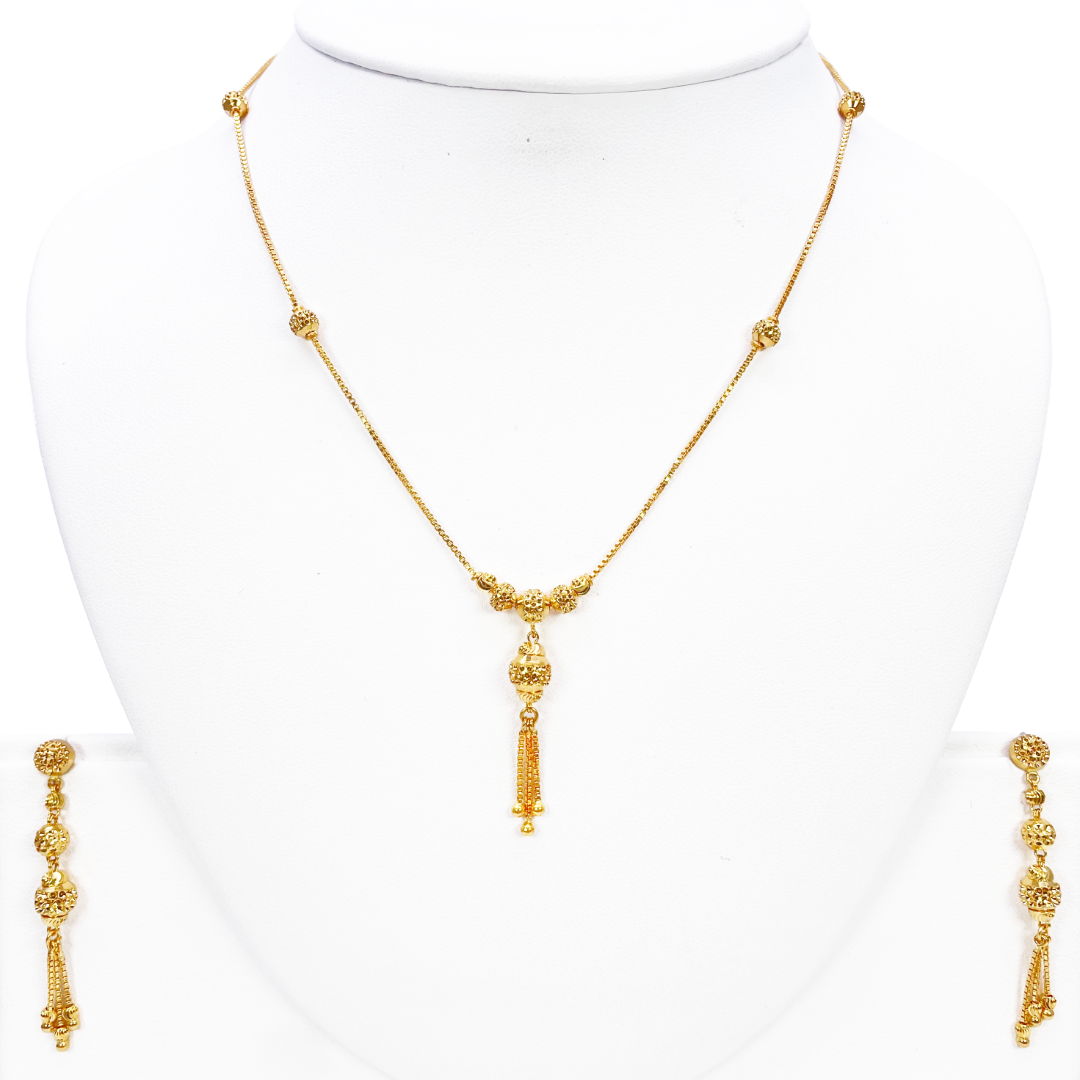22ct Yellow Gold Diamond Cut Beaded Elegant Tassel Necklace & Drop Earrings Set