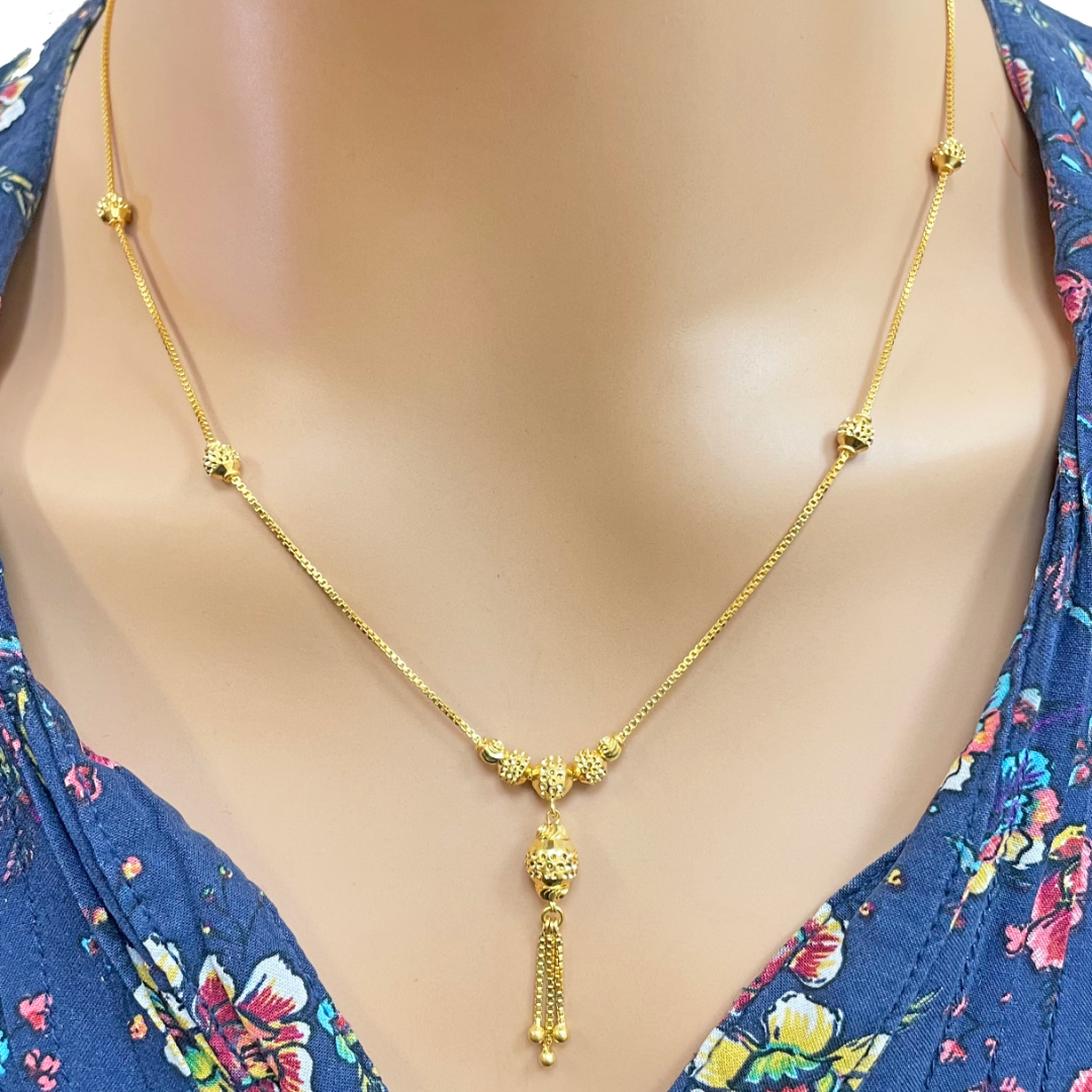 22ct Yellow Gold Diamond Cut Beaded Elegant Tassel Necklace & Drop Earrings Set
