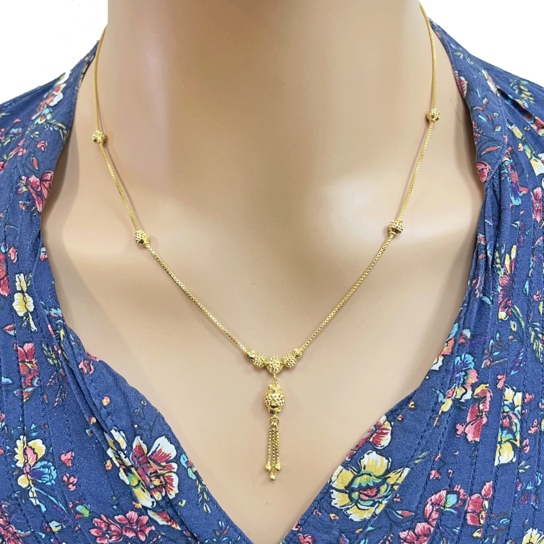 22ct Yellow Gold Diamond Cut Beaded Elegant Tassel Necklace & Drop Earrings Set