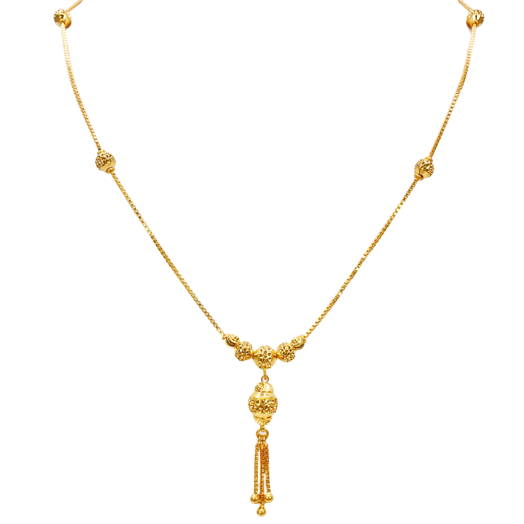 22ct Yellow Gold Diamond Cut Beaded Elegant Tassel Necklace & Drop Earrings Set