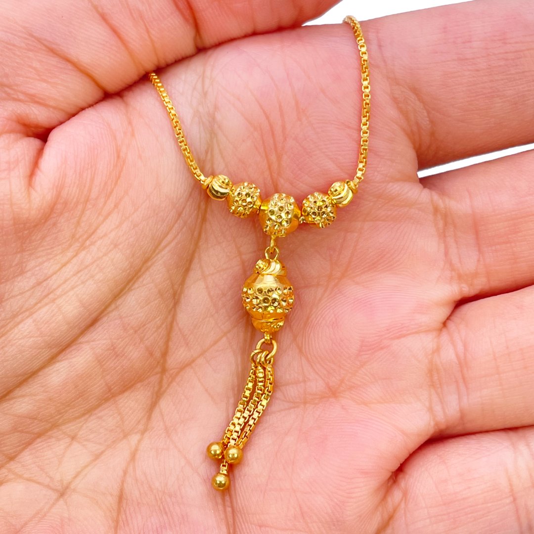 22ct Yellow Gold Diamond Cut Beaded Elegant Tassel Necklace & Drop Earrings Set