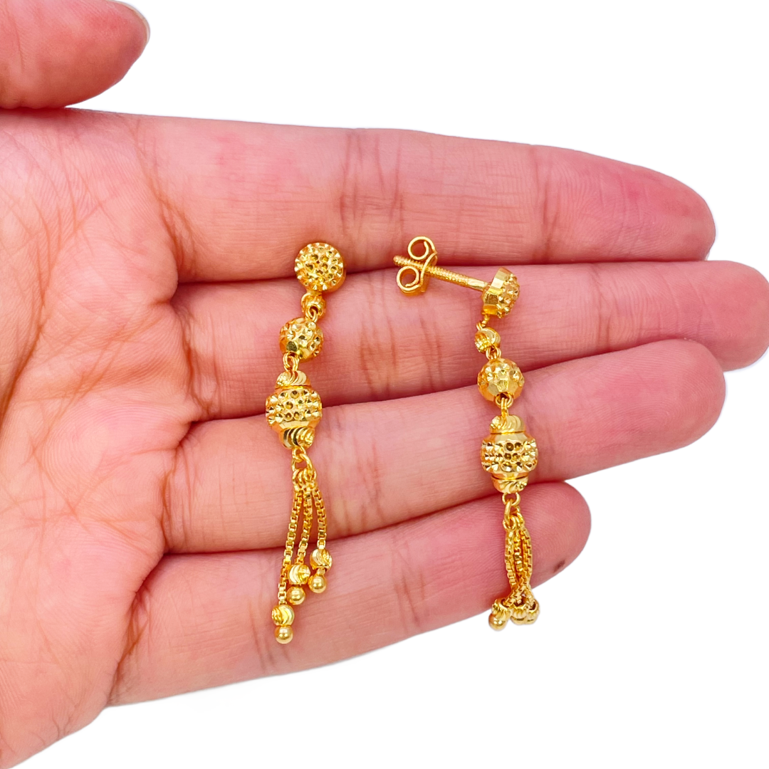 22ct Yellow Gold Diamond Cut Beaded Elegant Tassel Necklace & Drop Earrings Set
