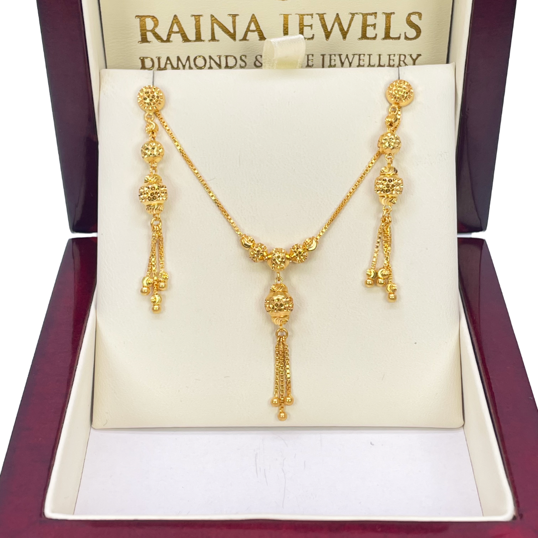 22ct Yellow Gold Diamond Cut Beaded Elegant Tassel Necklace & Drop Earrings Set