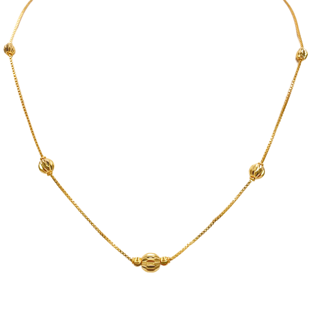 22ct Yellow Gold Shiny Diamond Cut Five Gold Ball Beaded Necklace 19 Inches