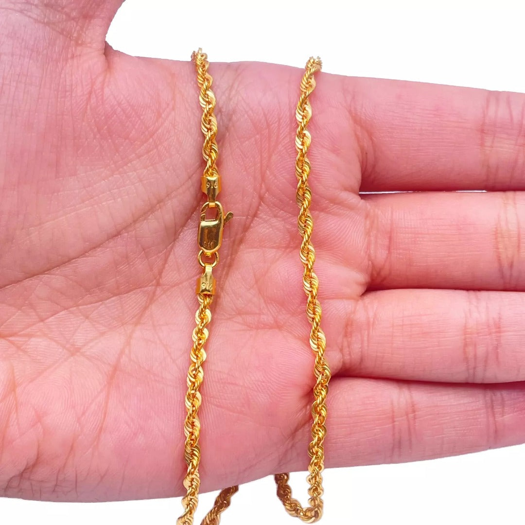 22ct Yellow Gold Lightweight Hollow Rope Chain Necklace 20 Inches 3.3mm Width