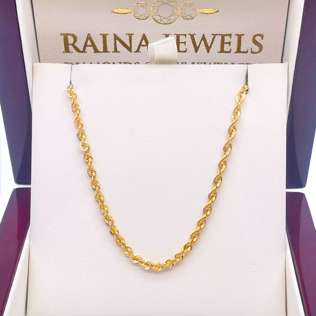22ct Yellow Gold Lightweight Hollow Rope Chain Necklace 20 Inches 3.3mm Width