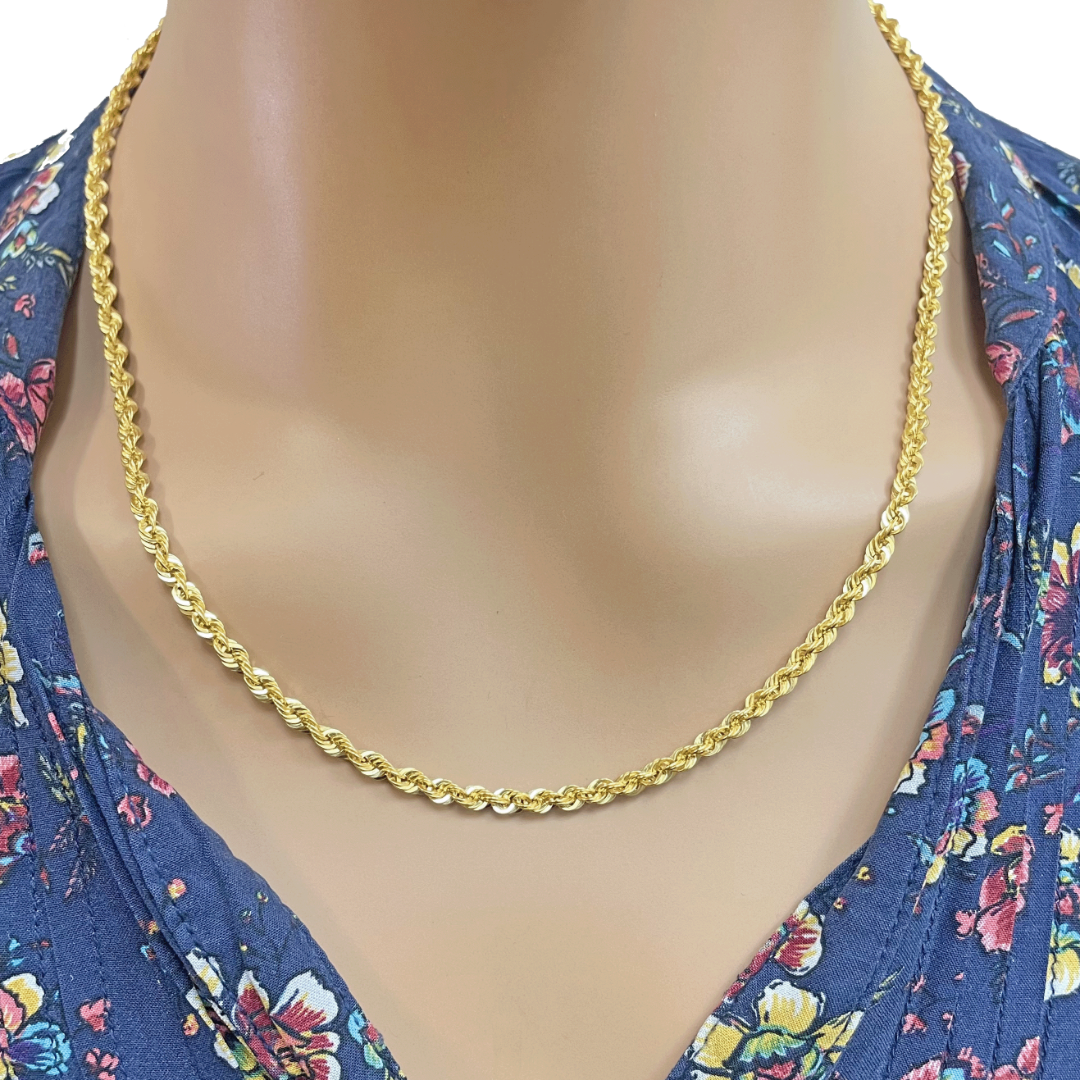 22ct Yellow Gold Lightweight Hollow Rope Chain Necklace 20 Inches 3.3mm Width