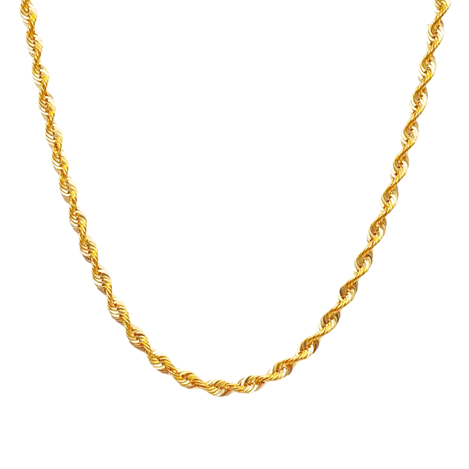 22ct Yellow Gold Lightweight Hollow Rope Chain Necklace 20 Inches 3.3mm Width