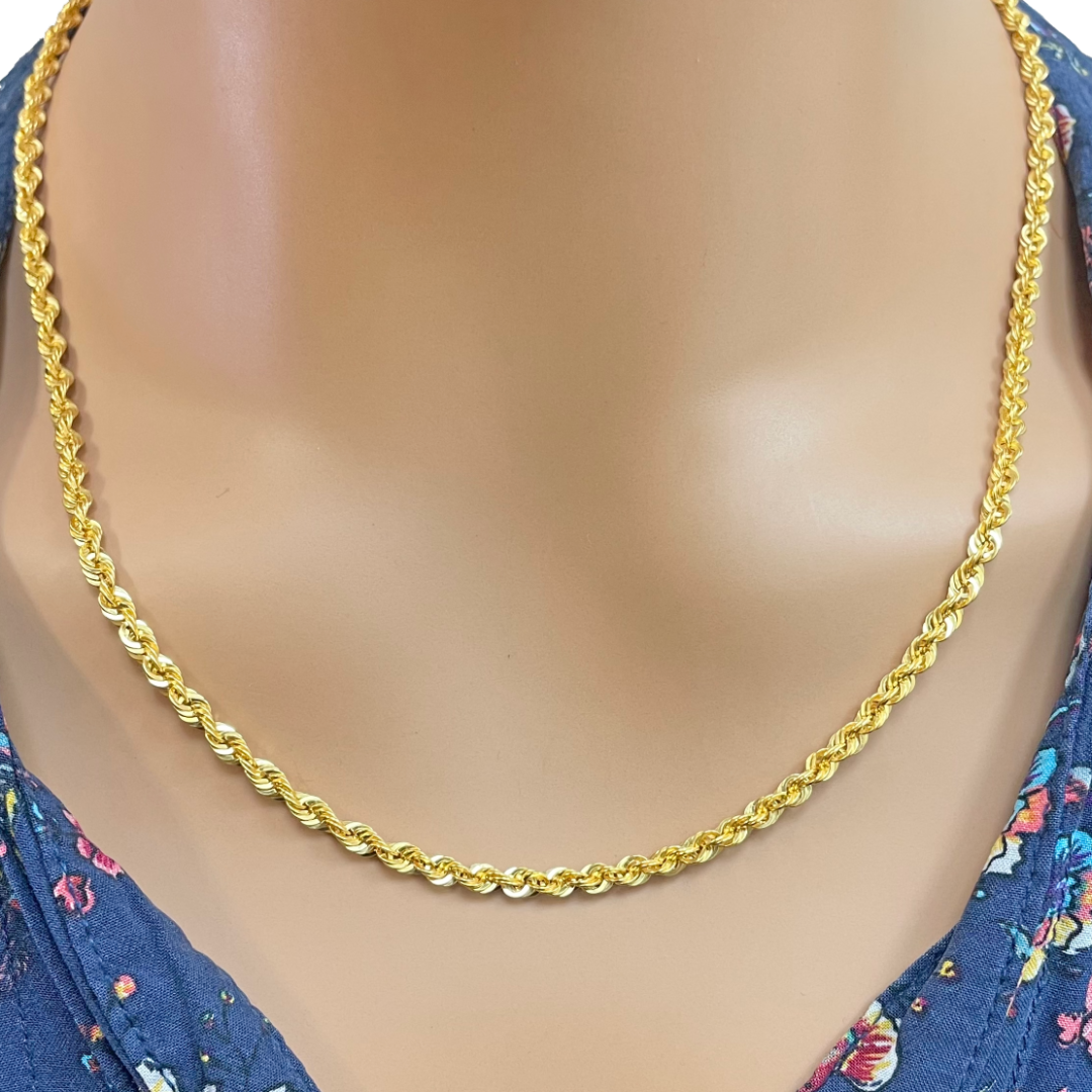 22ct Yellow Gold Lightweight Hollow Rope Chain Necklace 20 Inches 3.3mm Width