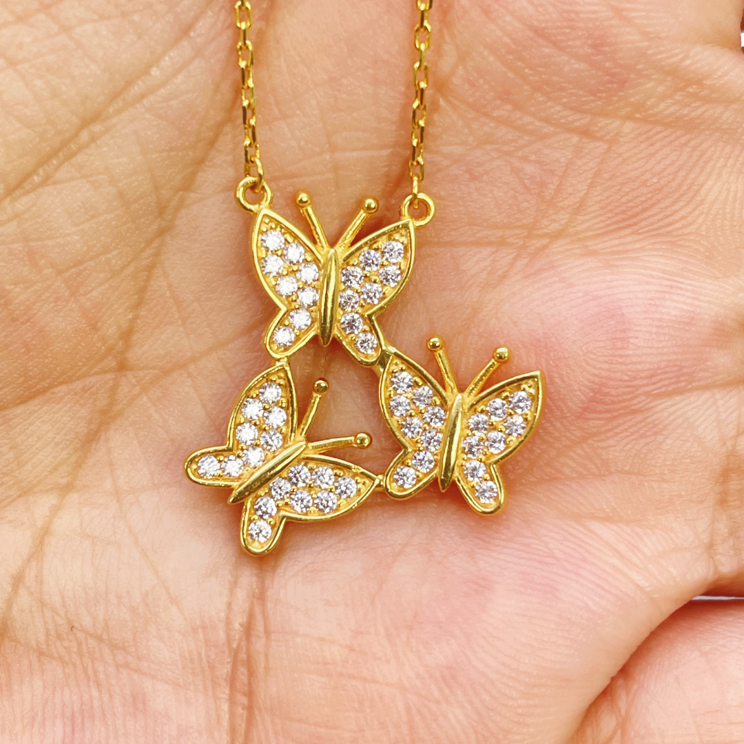 22ct Yellow Gold Cubic Zirconia Triple Butterfly Necklace 18 Inches 20mm Width