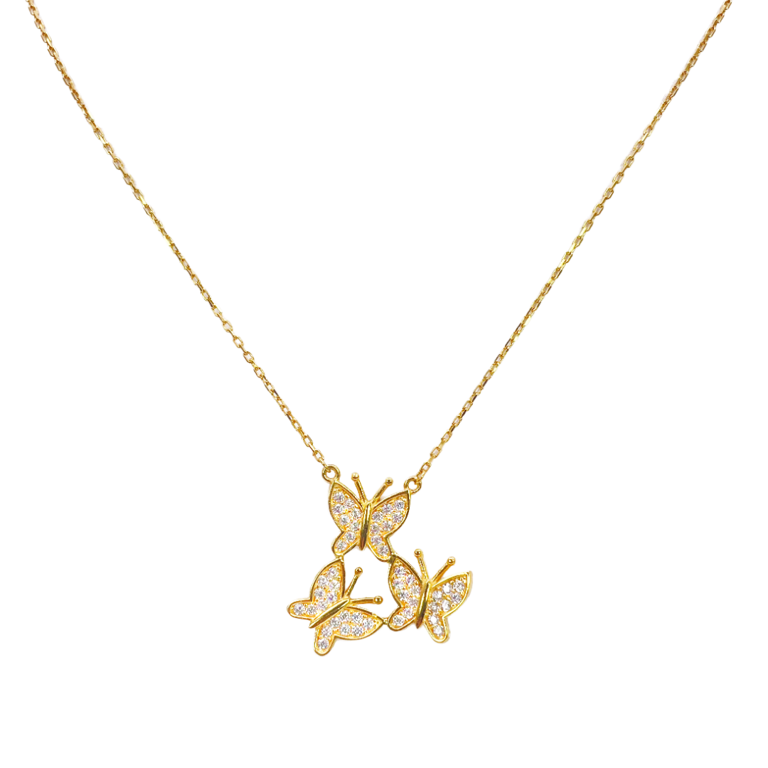22ct Yellow Gold Cubic Zirconia Triple Butterfly Necklace 18 Inches 20mm Width