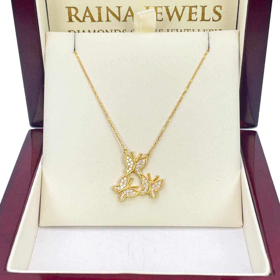 22ct Yellow Gold Cubic Zirconia Triple Butterfly Necklace 18 Inches 20mm Width