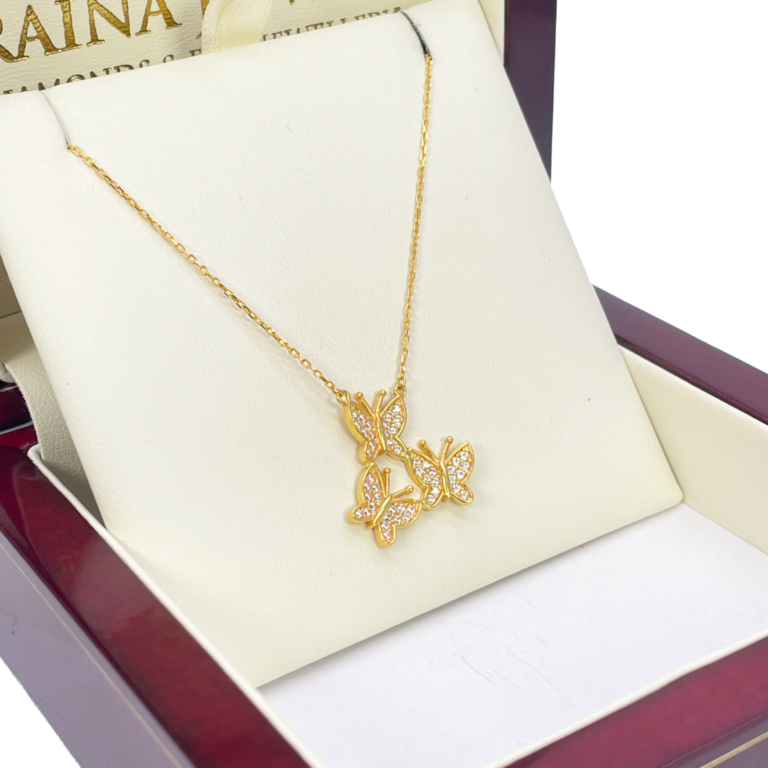 22ct Yellow Gold Cubic Zirconia Triple Butterfly Necklace 18 Inches 20mm Width