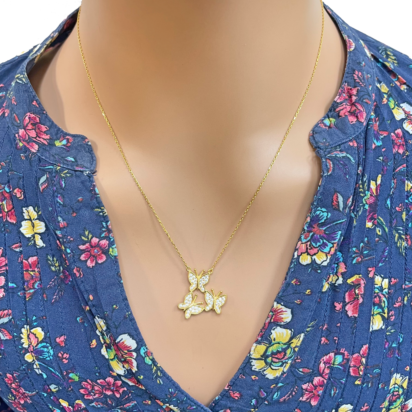 22ct Yellow Gold Cubic Zirconia Triple Butterfly Necklace 18 Inches 20mm Width