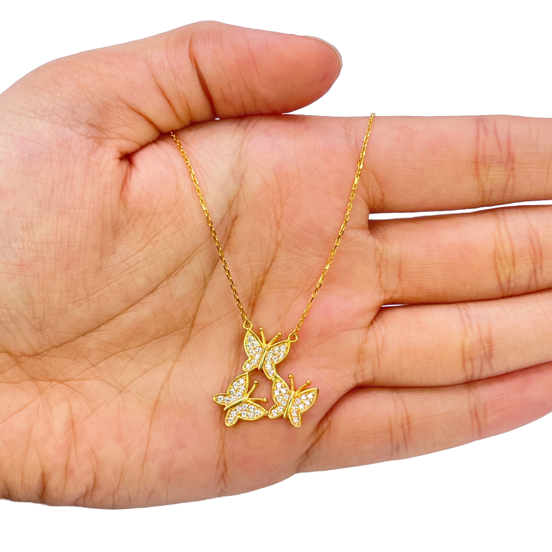 22ct Yellow Gold Cubic Zirconia Triple Butterfly Necklace 18 Inches 20mm Width