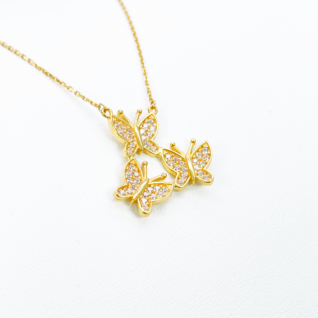 22ct Yellow Gold Cubic Zirconia Triple Butterfly Necklace 18 Inches 20mm Width