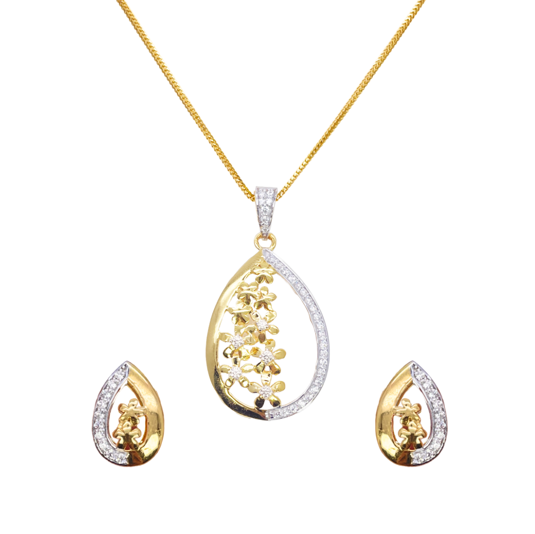 22ct Yellow Gold Floral Sparkly Floral Pendant, Chain & Stud Earrings