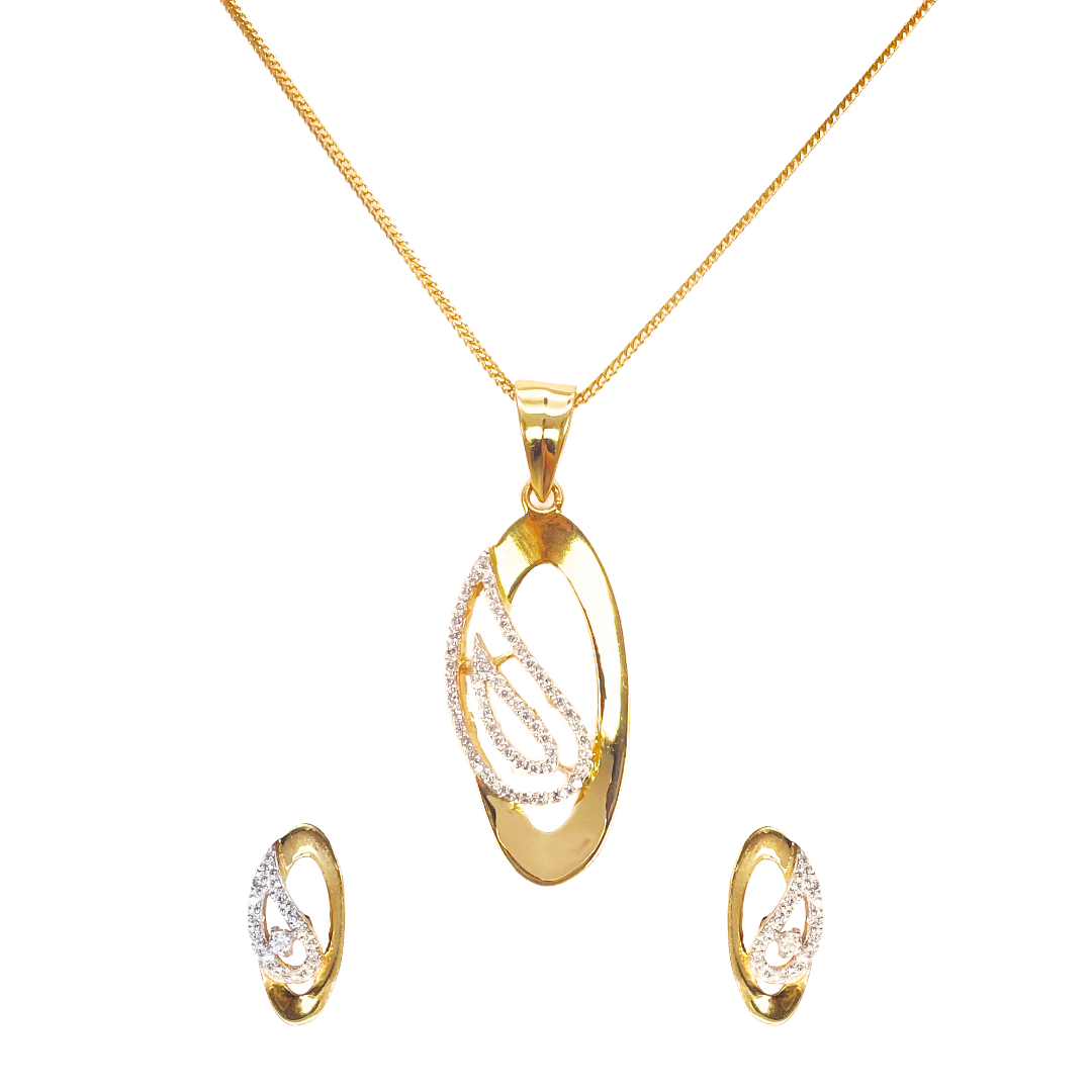 22ct Yellow Gold Floral Sparkly Leaf Pendant, Chain & Stud Earrings Set
