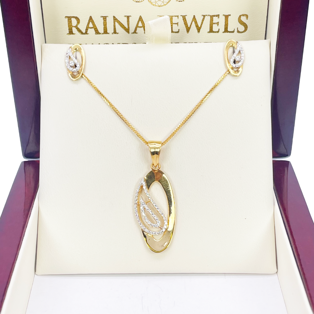 22ct Yellow Gold Floral Sparkly Leaf Pendant, Chain & Stud Earrings Set