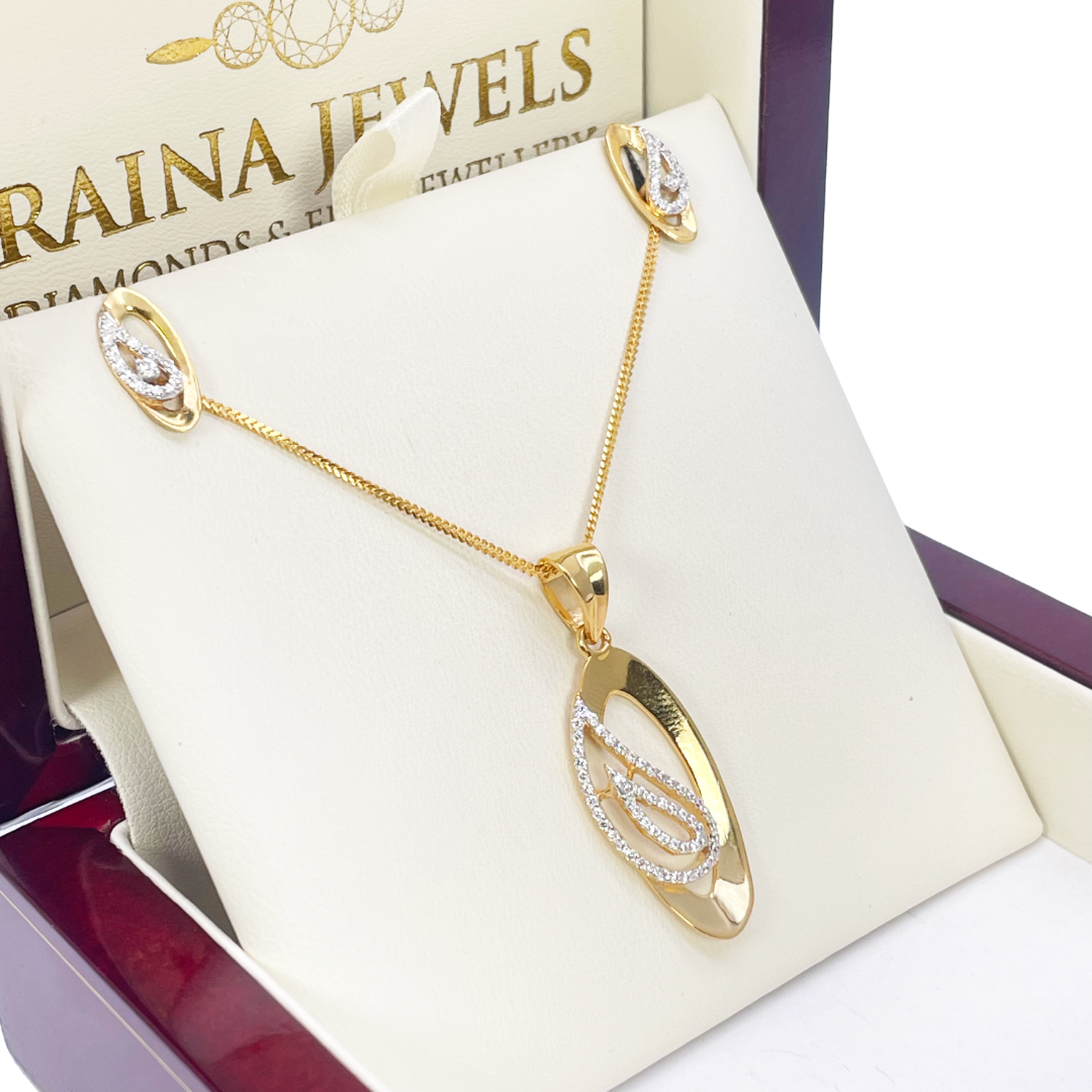 22ct Yellow Gold Floral Sparkly Leaf Pendant, Chain & Stud Earrings Set