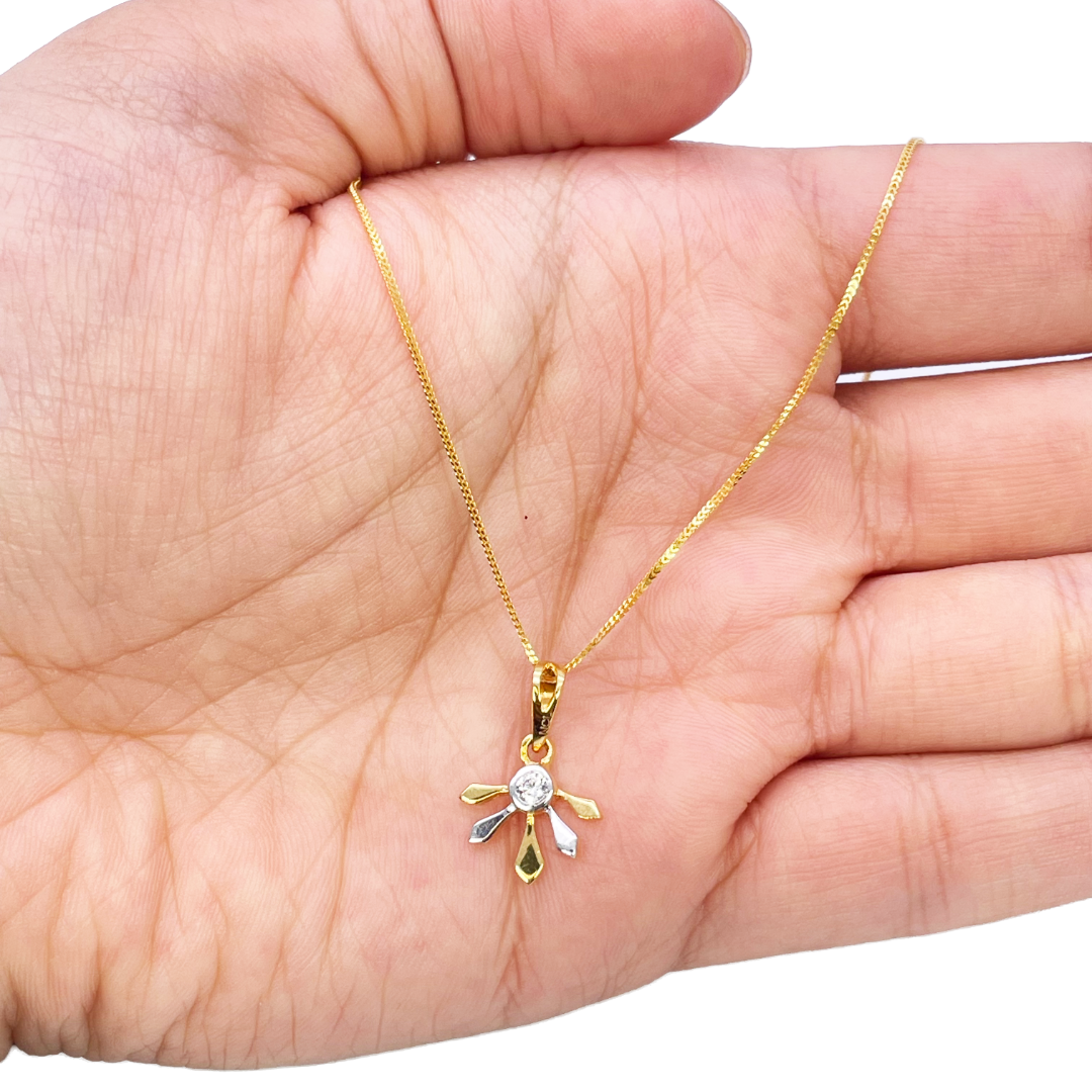 22ct Yellow Gold Two-Tone Cubic Zirconia Floral Pendant, Chain & Stud Earrings Set