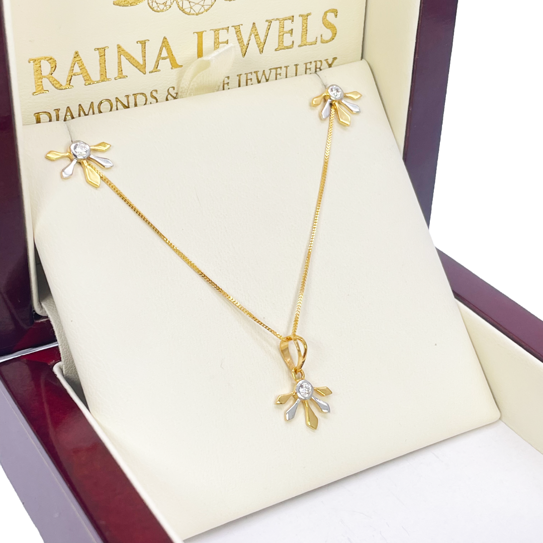 22ct Yellow Gold Two-Tone Cubic Zirconia Floral Pendant, Chain & Stud Earrings Set