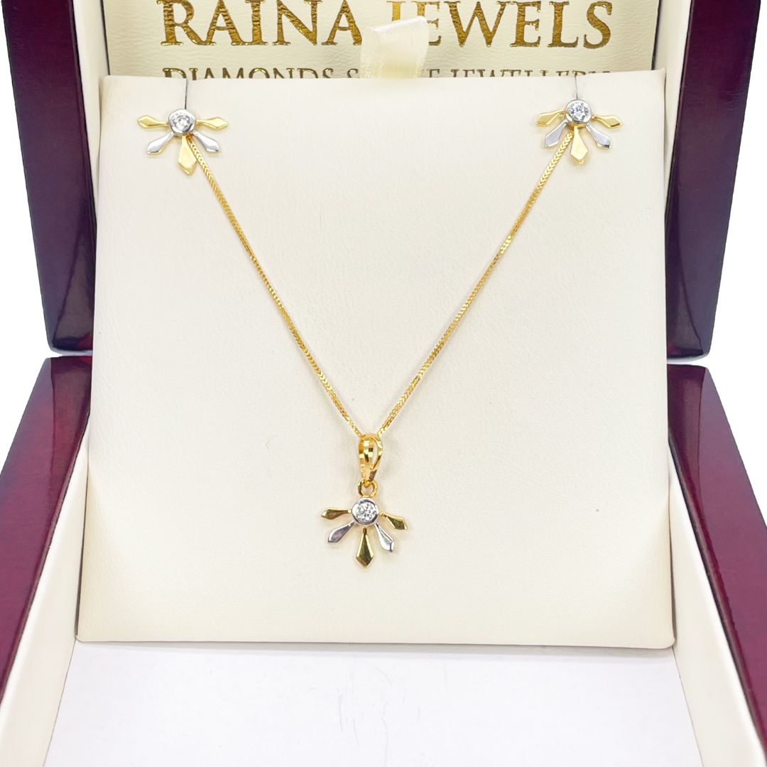 22ct Yellow Gold Two-Tone Cubic Zirconia Floral Pendant, Chain & Stud Earrings Set
