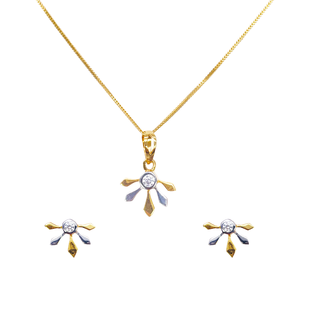 22ct Yellow Gold Two-Tone Cubic Zirconia Floral Pendant, Chain & Stud Earrings Set