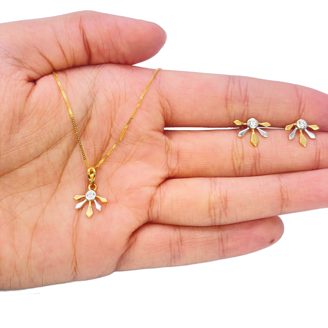22ct Yellow Gold Two-Tone Cubic Zirconia Floral Pendant, Chain & Stud Earrings Set