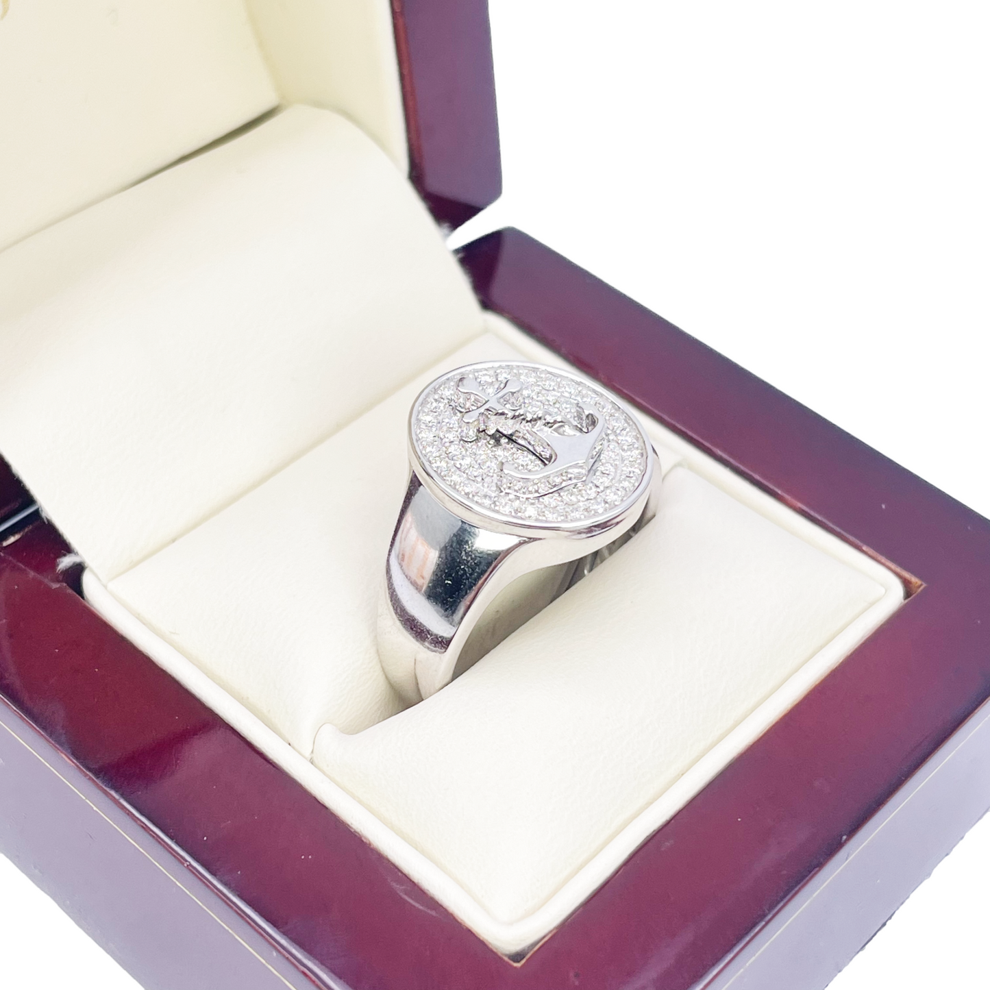 14ct White Gold Diamond Anchor Sailor Cluster Signet Ring 0.37ct