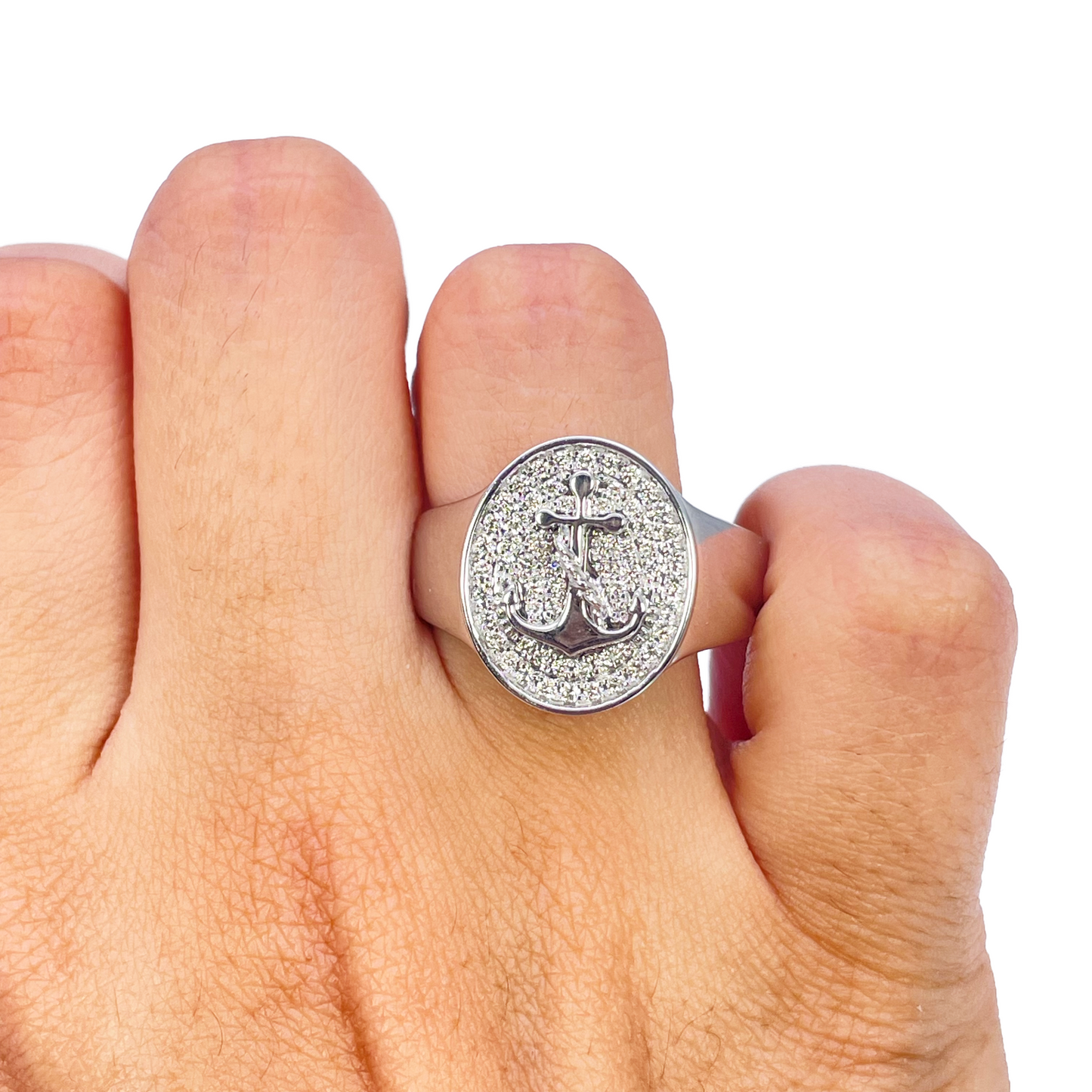 14ct White Gold Diamond Anchor Sailor Cluster Signet Ring 0.37ct