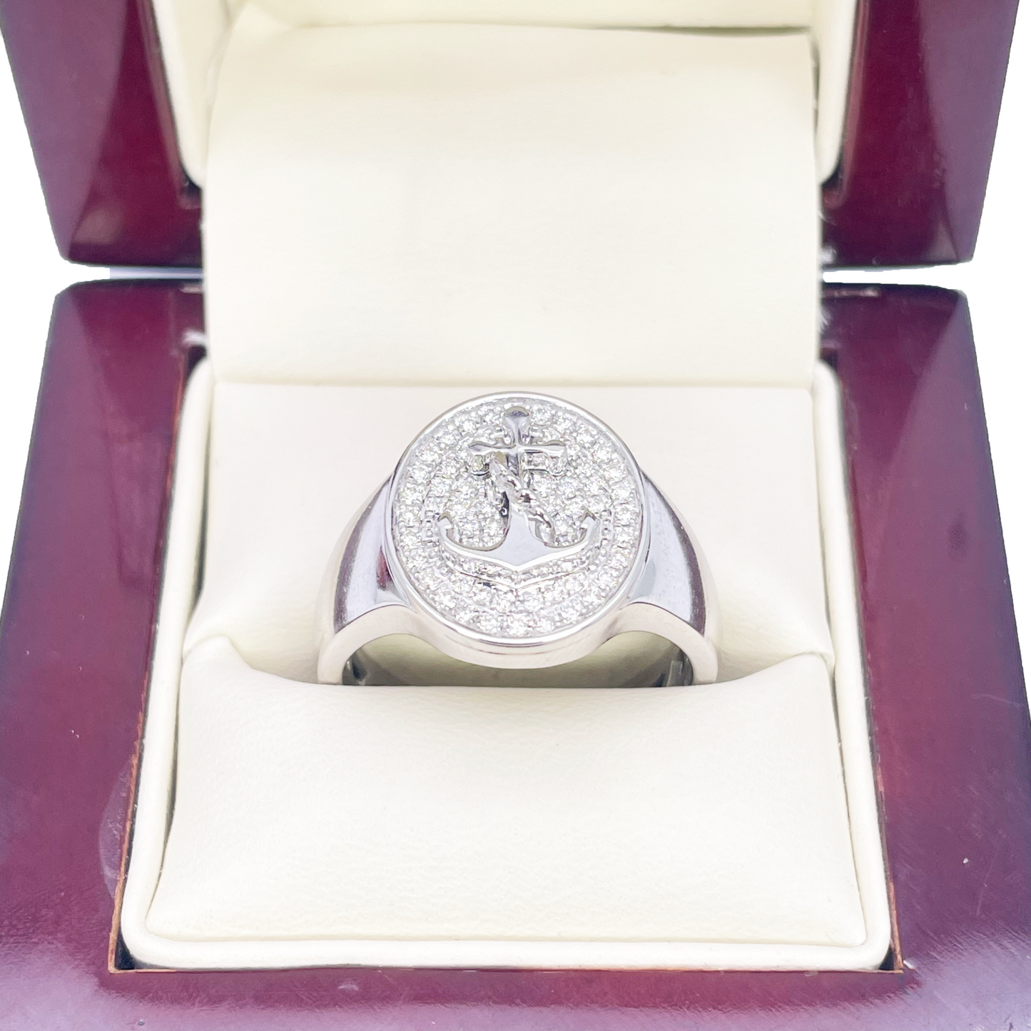 14ct White Gold Diamond Anchor Sailor Cluster Signet Ring 0.37ct
