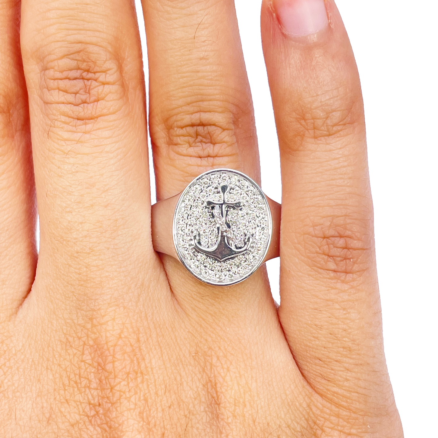 14ct White Gold Diamond Anchor Sailor Cluster Signet Ring 0.37ct