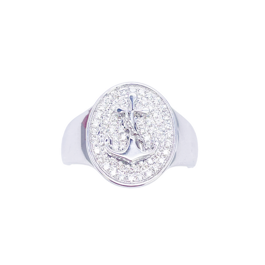 14ct White Gold Diamond Anchor Sailor Cluster Signet Ring 0.37ct  Diamond Ring